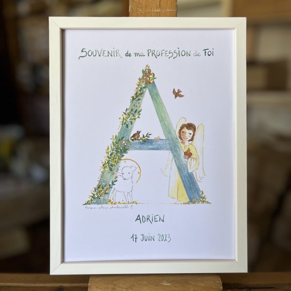 lettre a illustrée avec ange, agneau, et lapin