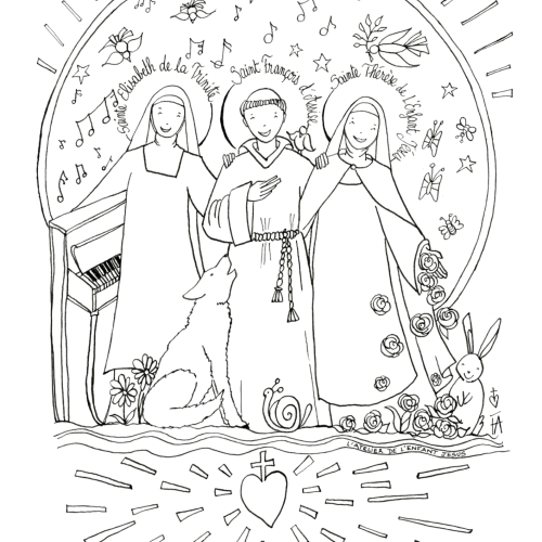 coloriage trois saints : françois d'assise, thérèse de l'enfant jésus, elisabeth de la trinité