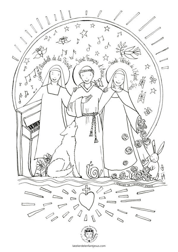 Coloriage Trois Saints : François d'Assise, Thérèse de l'Enfant Jésus, Elisabeth de la Trinité