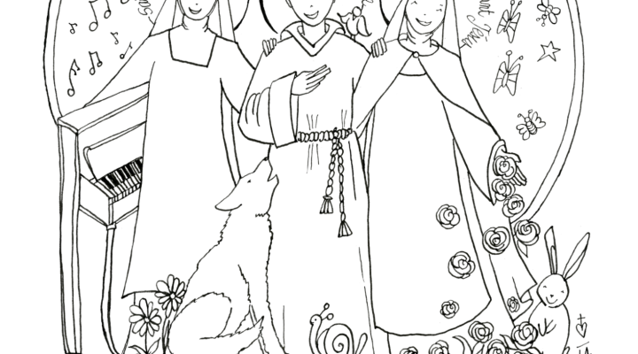 coloriage trois saints : françois d'assise, thérèse de l'enfant jésus, elisabeth de la trinité