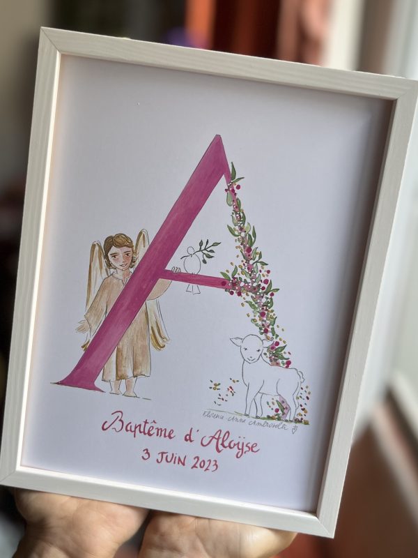 lettre a illustrée couleur rose avec agneau