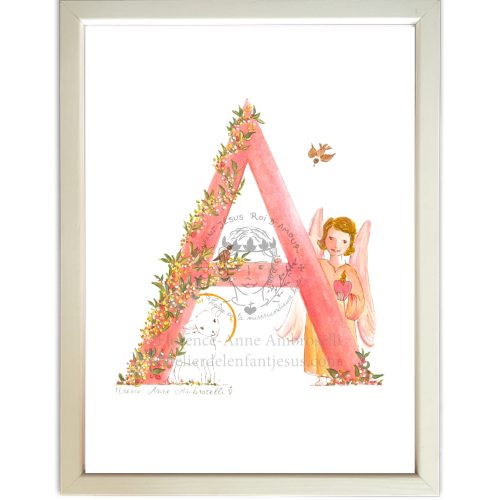 lettre illustrée a rose avec ange et agneau