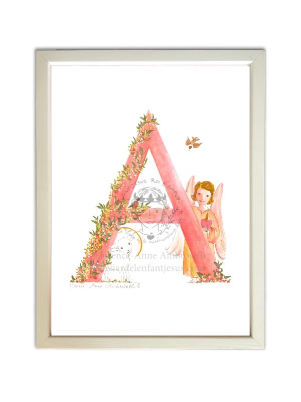 lettre illustrée a rose avec ange et agneau