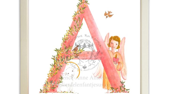 lettre illustrée a rose avec ange et agneau